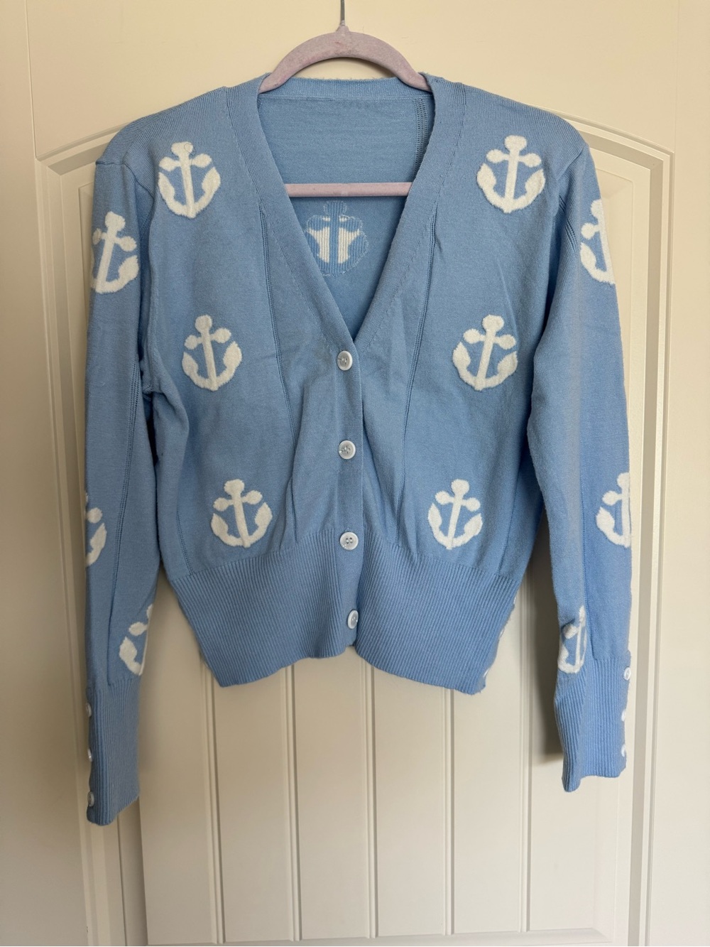 Pink Lily Light Blue Anchor Print Button-Front Cardigan